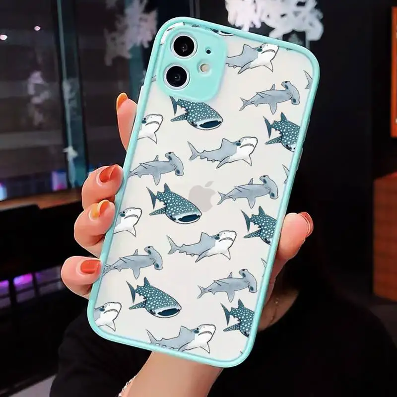 

Cute cartoon shark animal Pink blue Phone Case Clear Funda matte transparent For blue iPhone 7 8 x xs xr 11 12 pro plus max mini