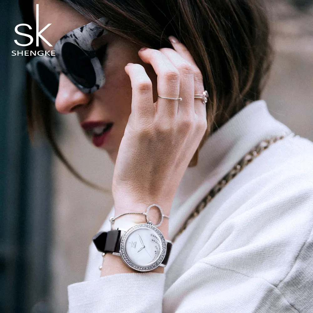 Shengke женские часы модные кожаные Наручные SK платья Циркон кварцевые для женщин