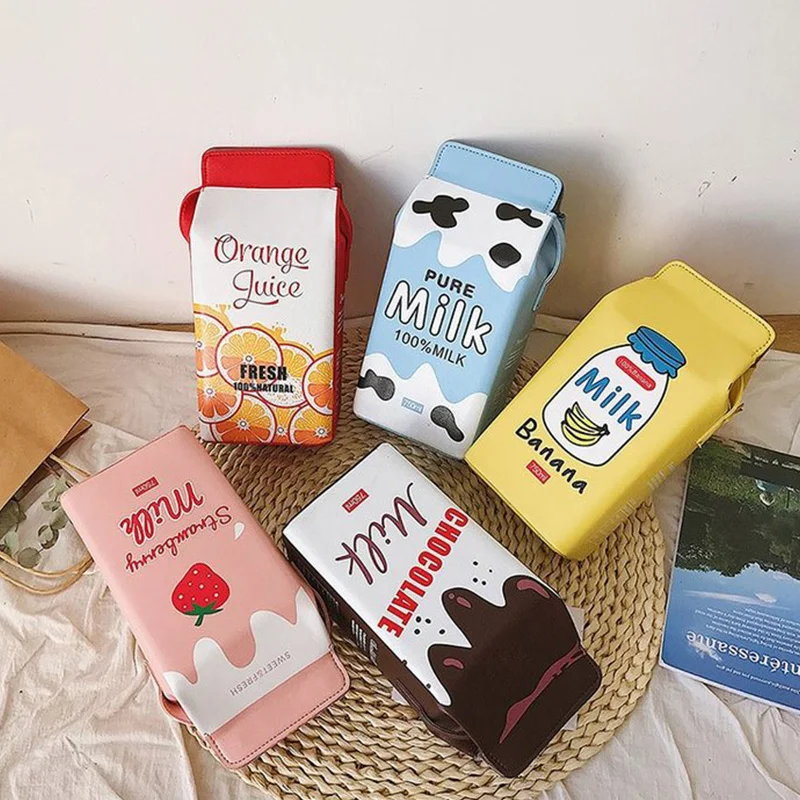 

Cute Drink Box Bag Women Shoulder Bags Lovely Milk Cartoon Printing Crossbody Bag Lady Designer Small Coin Phone Purses Female