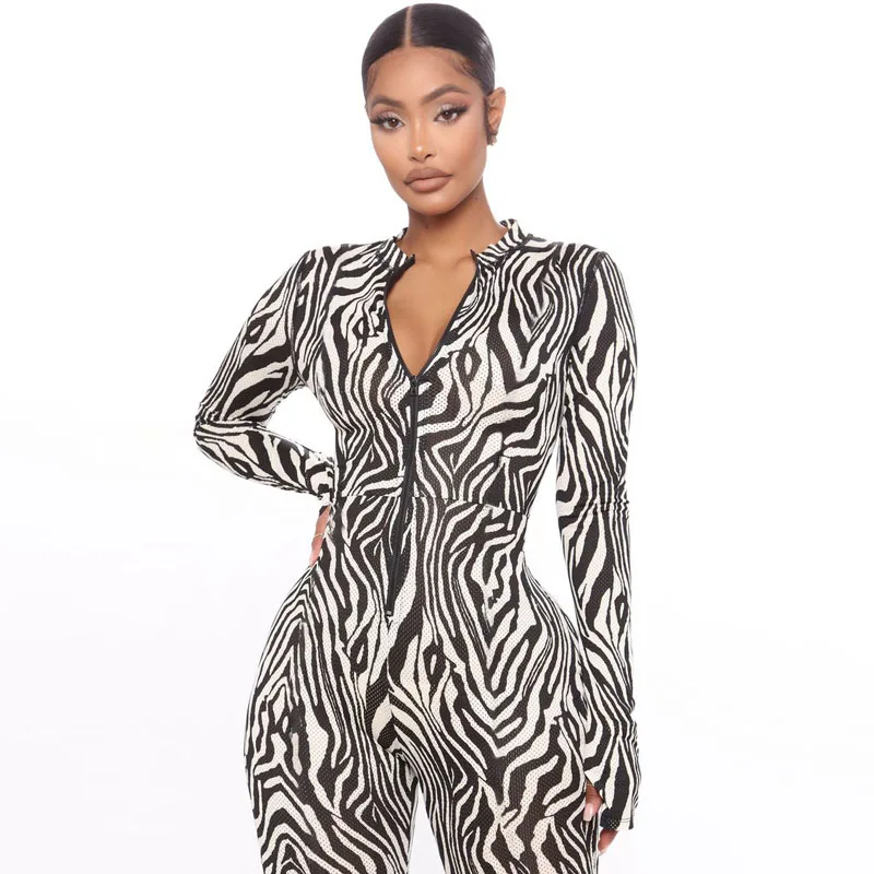 

Cutubly Mesh Zip Up Sexy Jumpsuit Zebra Print Rompers And Jumpsuits For Women Winter Women Fashion Streetwear Stretchy Romper