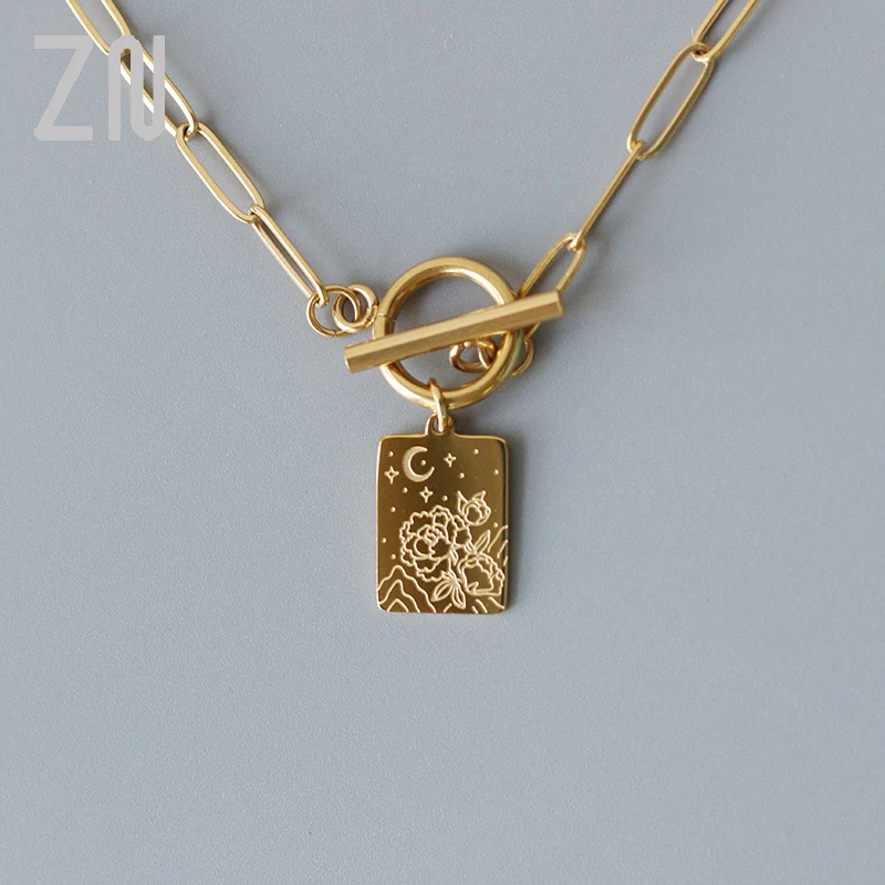 

ZN Vintage Carved Moon Star Flower Thick Chain OT Buckle Necklace For Women Punk Metal Choker Necklace Fashion Jewelry