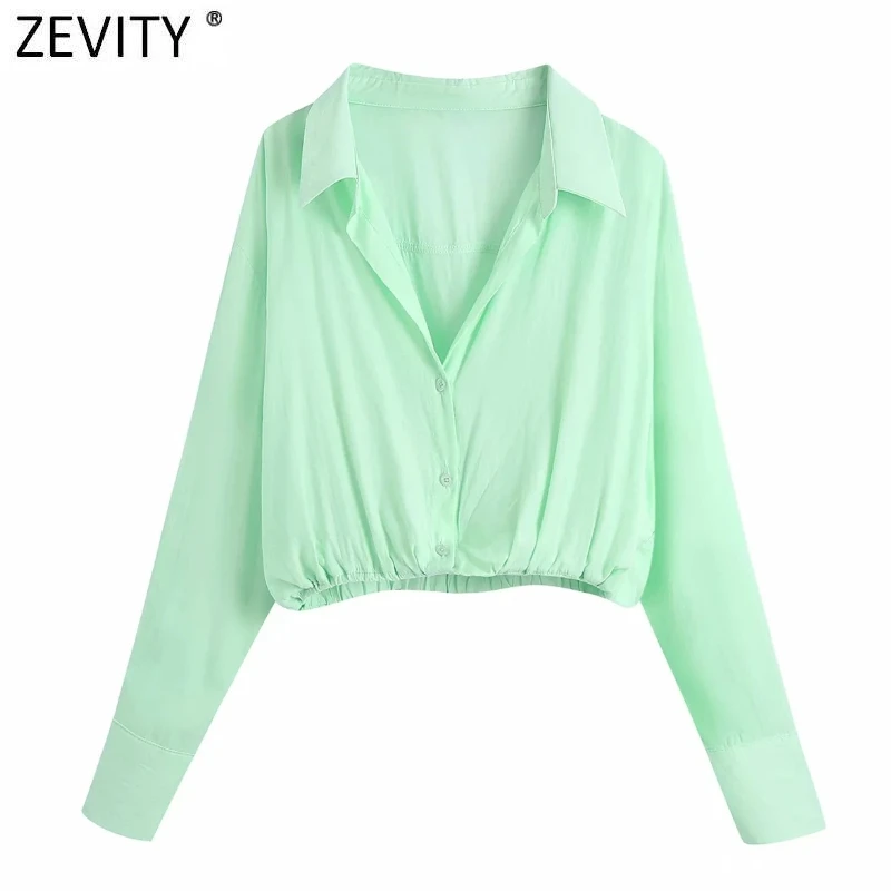 

Zevity 2021 Women Fashion Candy Color Hem Pleated Short Smock Blouse Office Lady Business Casual Shirts Chic Blusas Tops LS9533