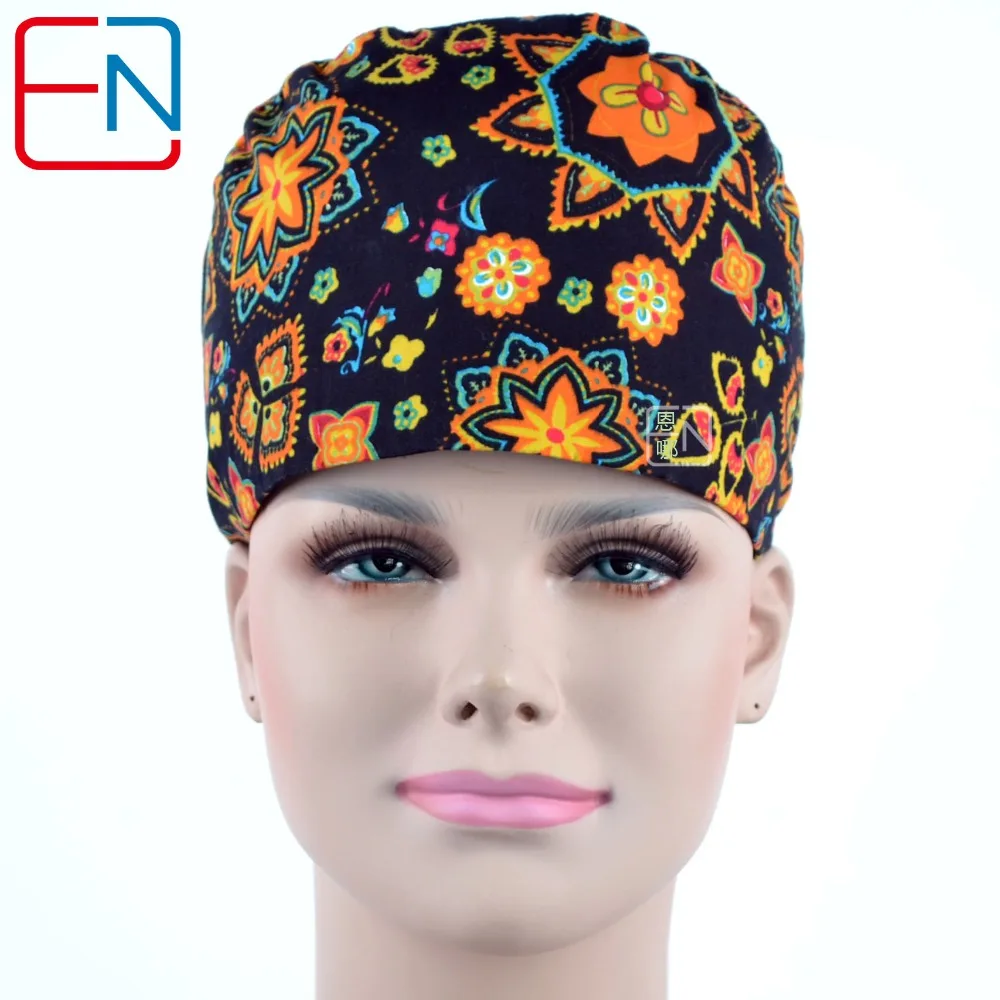 

Long hair medico caps in light blue with fished pattern scrub caps