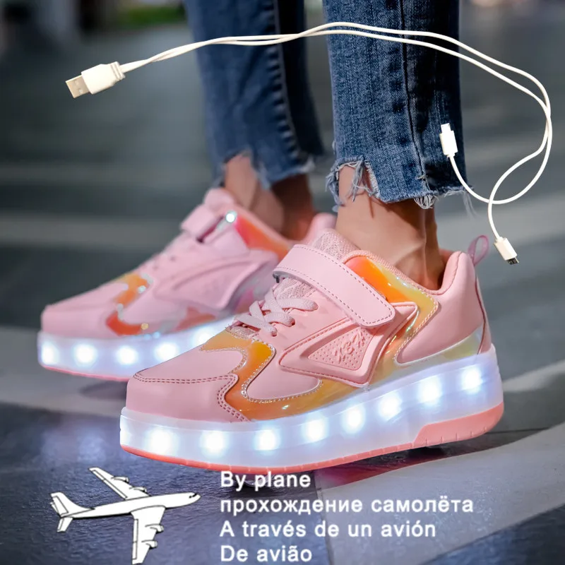 

Size 28-41 LED Roller Sneakers For Children USB Charging Luminous Sneakers with Double wheels for Kids Skate Shoes with lights