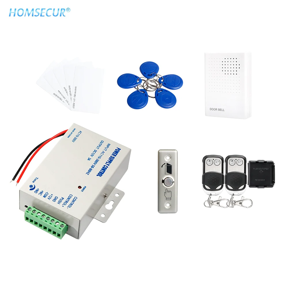 

HOMSECUR 5 шт. RFID карта + 5 шт. RFID брелок + блок питания + пульт дистанционного управления + проводной дверной звонок + металлическая кнопка выхода