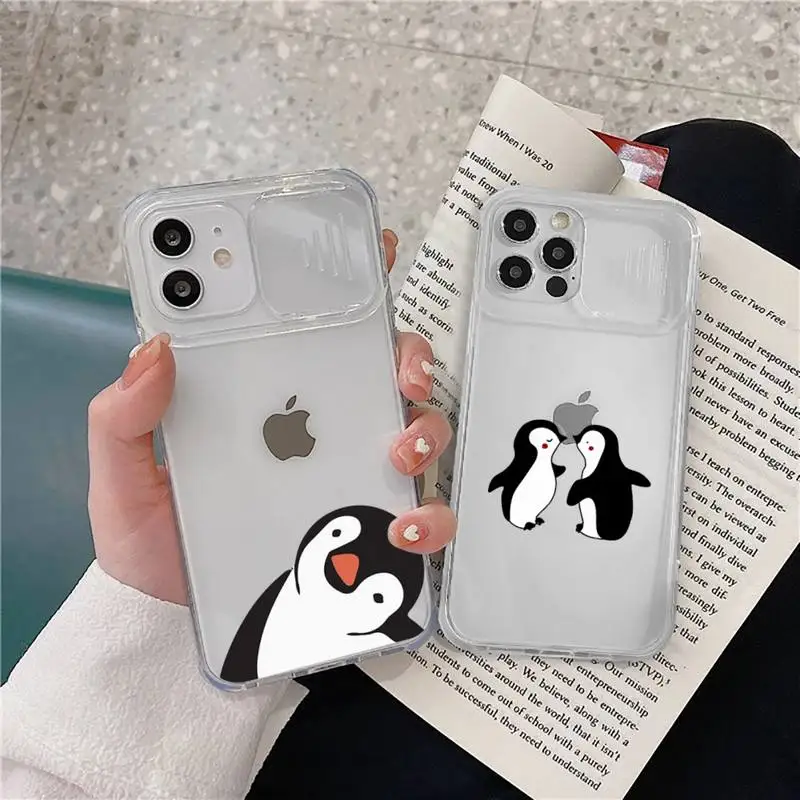 

cartoon penguin Phone Case transparent For iPhone 7 8 11 12 X XS XR MINI Pro Max Plus Slide Camera Lens Protect
