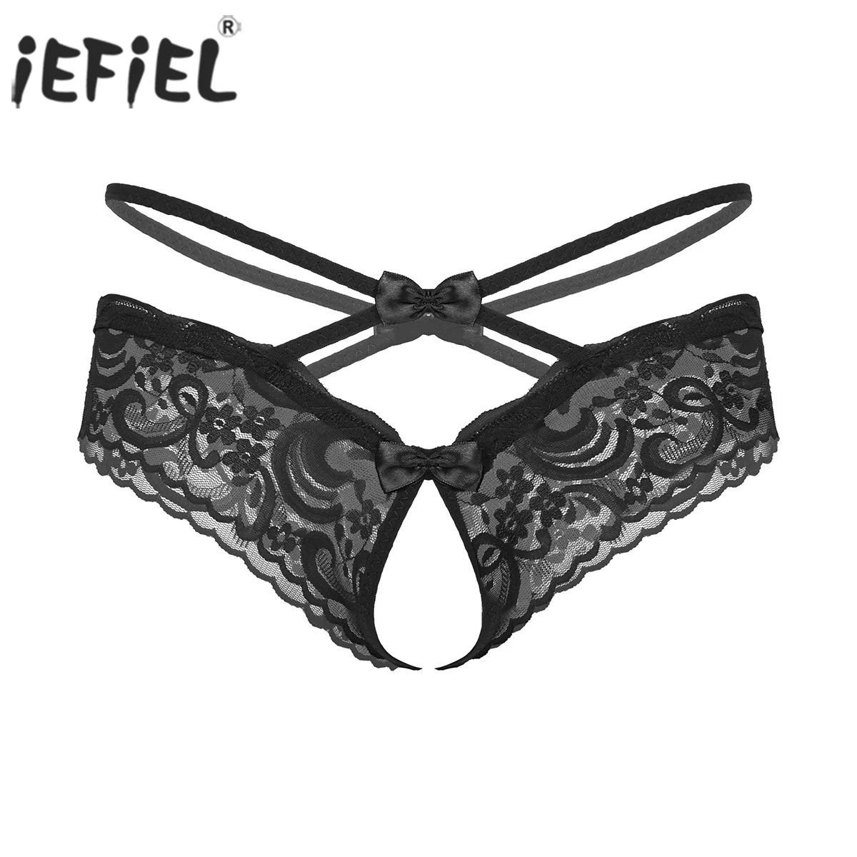 

iEFiEL Mens Gay Lingerie Panties See-through Lace Crotchless Briefs Thongs Bowknot Low Waist Sissy Underwear Underpants