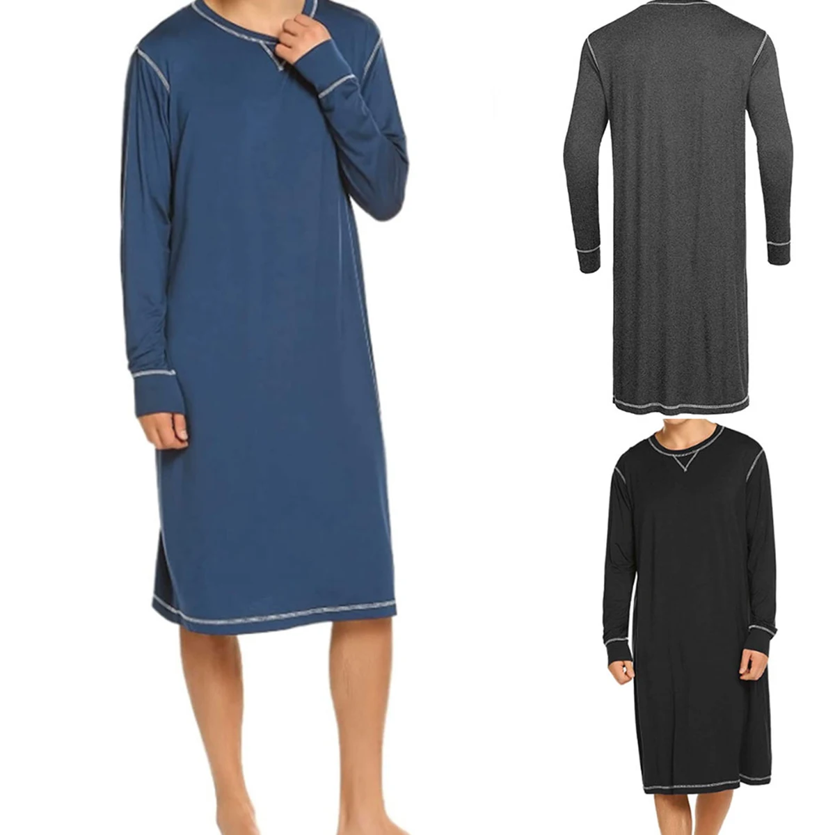 

Пижама Мужская, однотонная, с длинным рукавом и круглым вырезом, свободная, размера плюс