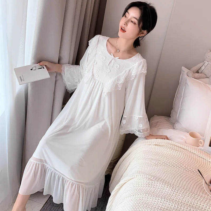 

Oversized Nightgown With Lace Femme Sleepdress Summer Kimono Dressing Gown Long Nightdress Sexy Loungewear O-Neck Lingerie
