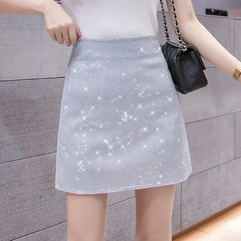 Мини-юбка женская трапециевидная с блестками пикантная вечерняя блестящая юбка