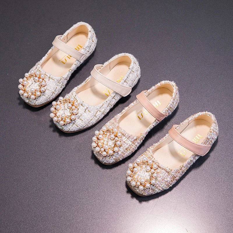 

2021 Fashion Pearl Button Children Princess Dance Shoes Kids Girl Dress Party Shoes Flats Casual Single First Walkers Soft Shoe