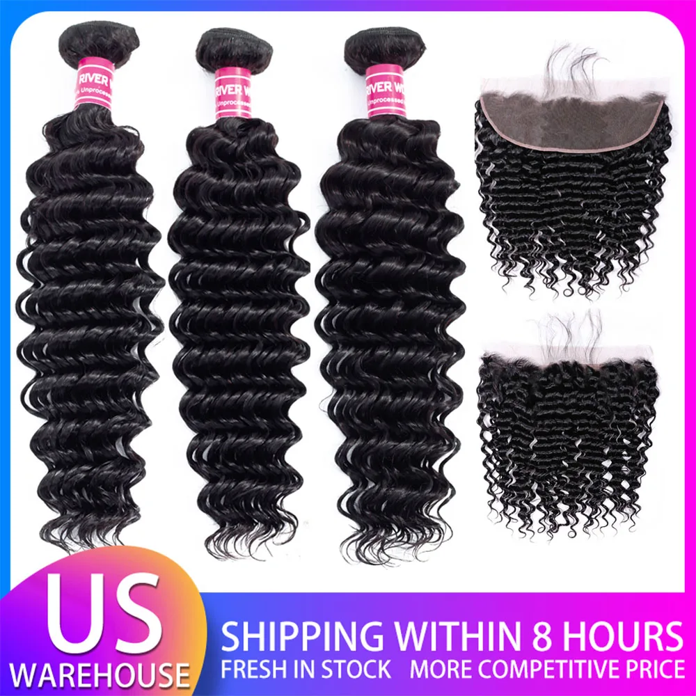 【US warehouse】 глубокая волна пучки с фронтальной 13*4 кружевной фронтальный пучками