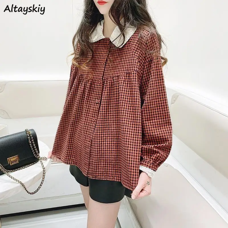 

Shirts Women Autumn New Sweet Patchwork Plaid Cute All-match Japanese Soft Loose Korean Style College Chemise Femme Aesthetic