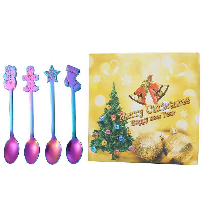 

Stainless Steel Spoon Christmas Style Creative Titanium Plated Gift 4pcs Spoon Dessert Stirring Coffee Spoon