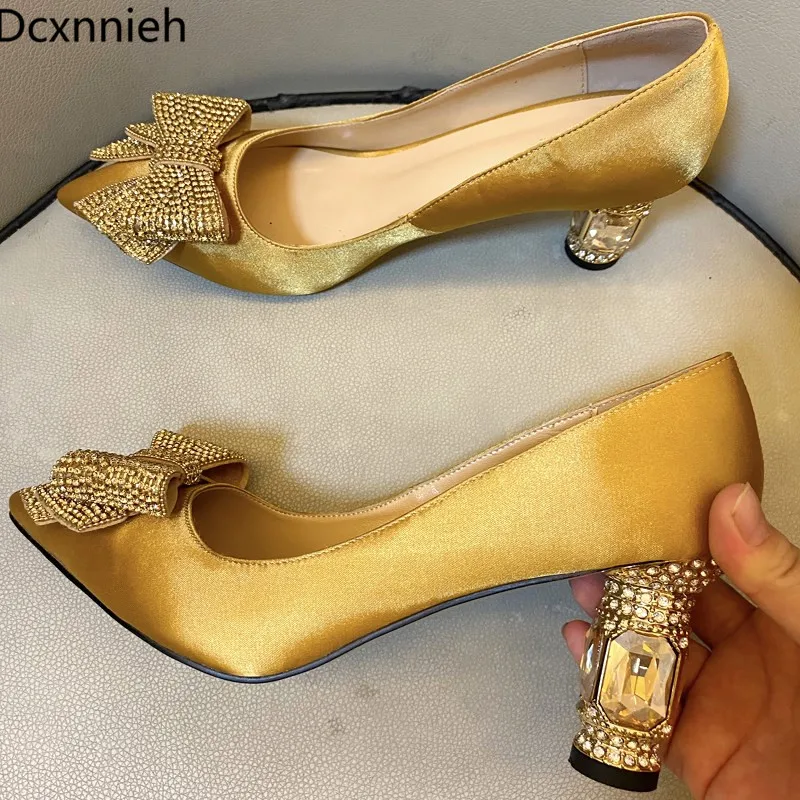 

Rhinestone chunky high heel shoes women pointed toe bling bling crystal bow-knot decor gold pumps satin Sexy party Woman shoes