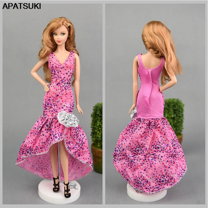 Розовое вечерние ное вечернее платье для куклы Барби цельнокроеное с V образным