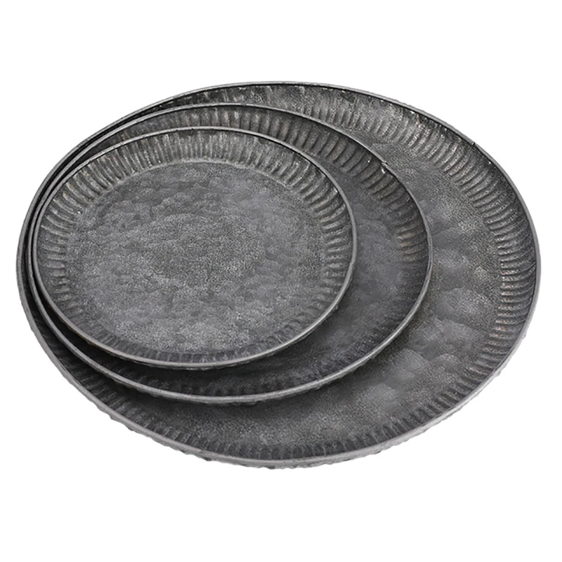 

3Pcs Retro Iron Plate Handcrafted Round Vintage Antique Wrought Storage Serving Iron Craft Lace Tray for Home Decor