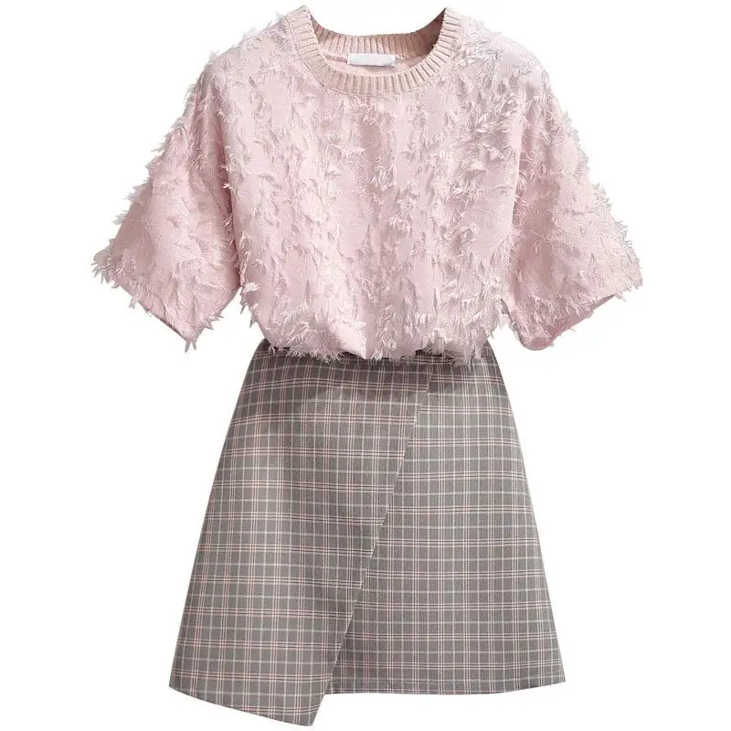 Woman Pink t shirt 2 pieces skirt sets summer elegant Korean pices women plaid casual two piece outfits girl |