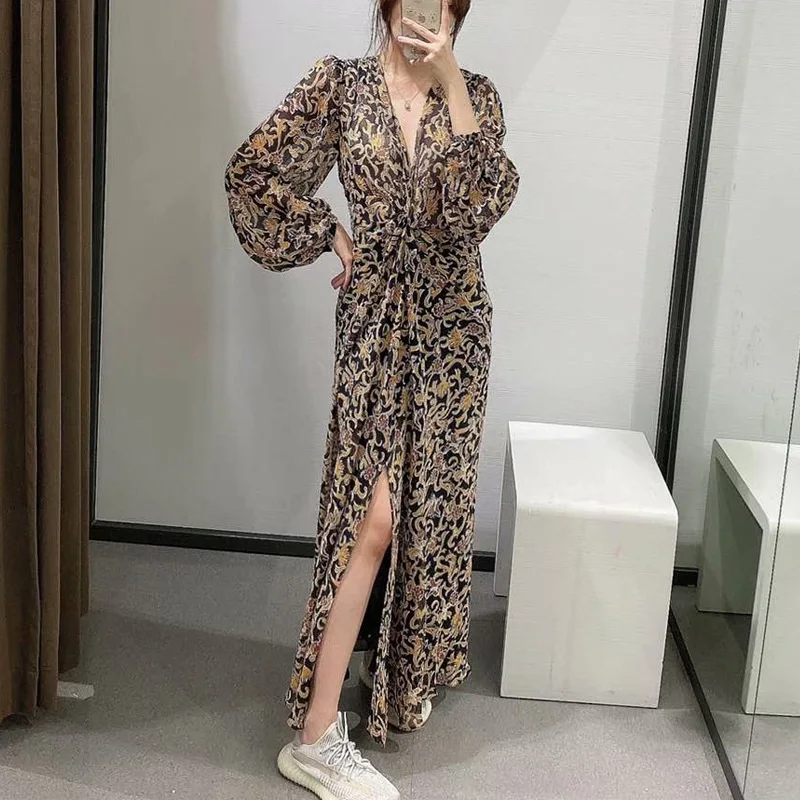 Женское винтажное платье KUMSVAG шифоновое плиссированное с цветочным принтом и