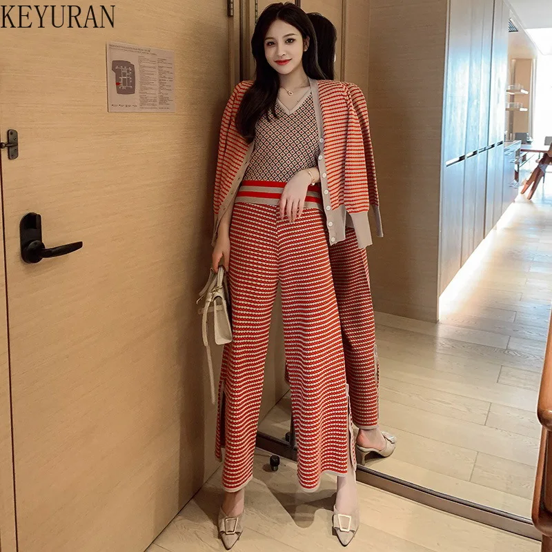 

Autumn Winter Fashion Knitted Three-piece Suit Women Casual Striped Cardigan Sweater + Vest + Wide Leg Pants 3 Piece Set Outfits