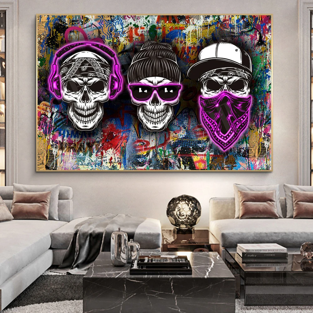 

Skull Listening To Music Wearing A Hat Graffiti Street Art Home Poster Modern Creative Canvas Decoration Painting Cuadros Mural