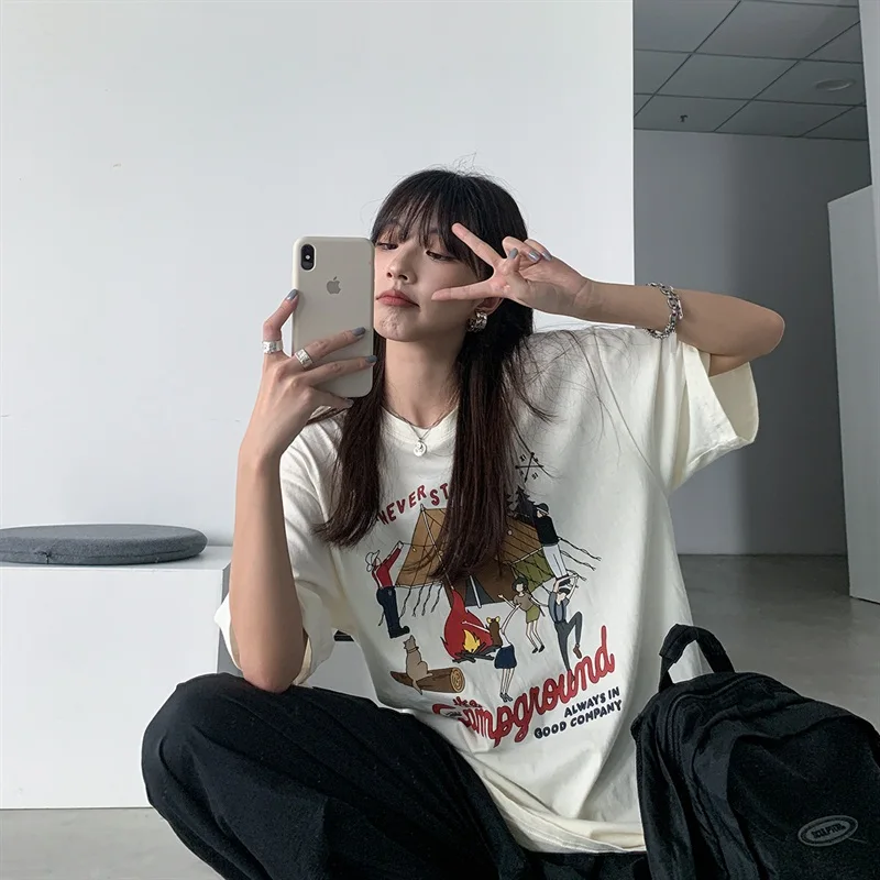 Футболка женская в европейском американском и японском стиле ретро с коротким