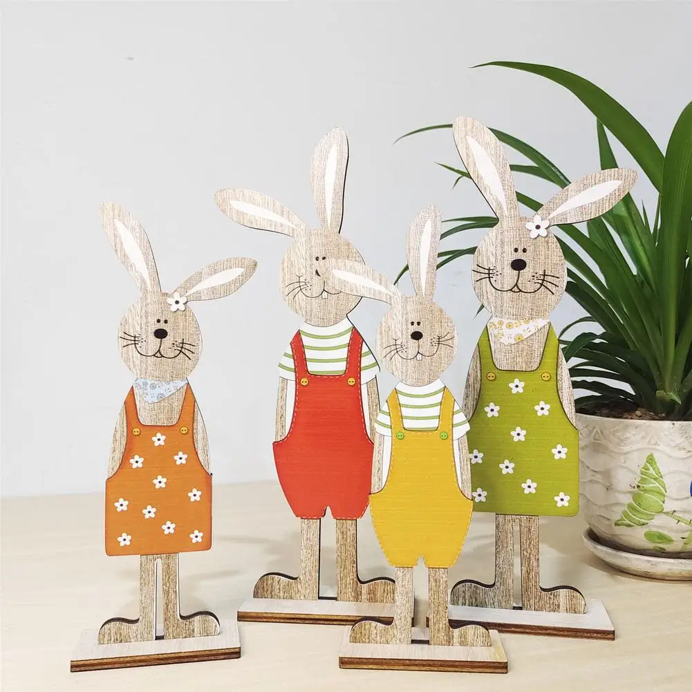 

4pcs Lovely Wooden Crafts Easter Party Decoration Ornaments Creative Home Bunny Wooden Desktop Ornaments