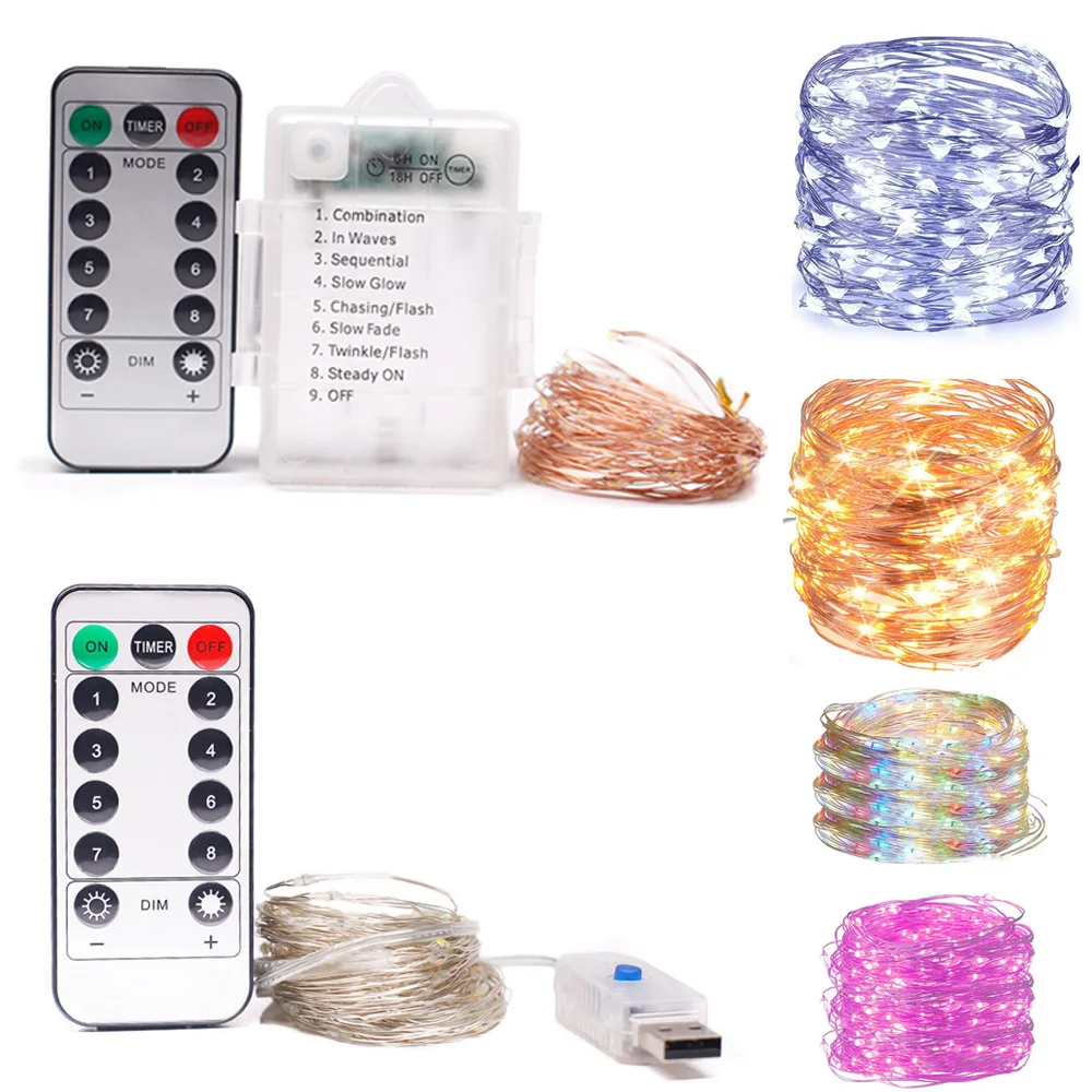 

10M 8 Modes Waterproof Copper Wire Lights Festival Party Fairy Lights Battery Operated USB Remote control 33ft 100LED
