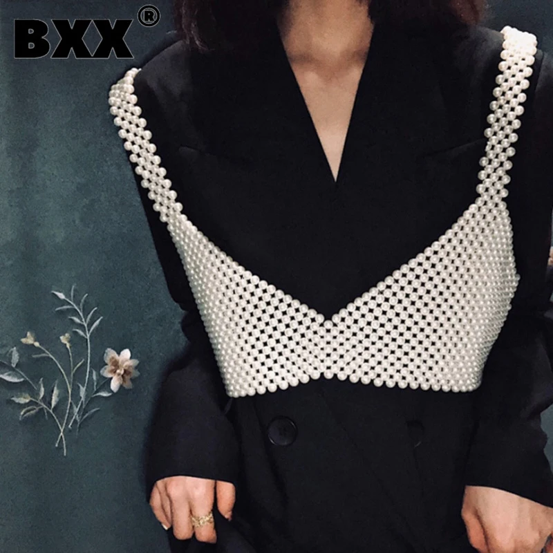 

[BXX] Handmade Pearls Vest Women Tops 2021 Luxury Brand Designer New For Women Beading Vests Sleeveless Hollow Out Shirts HI451