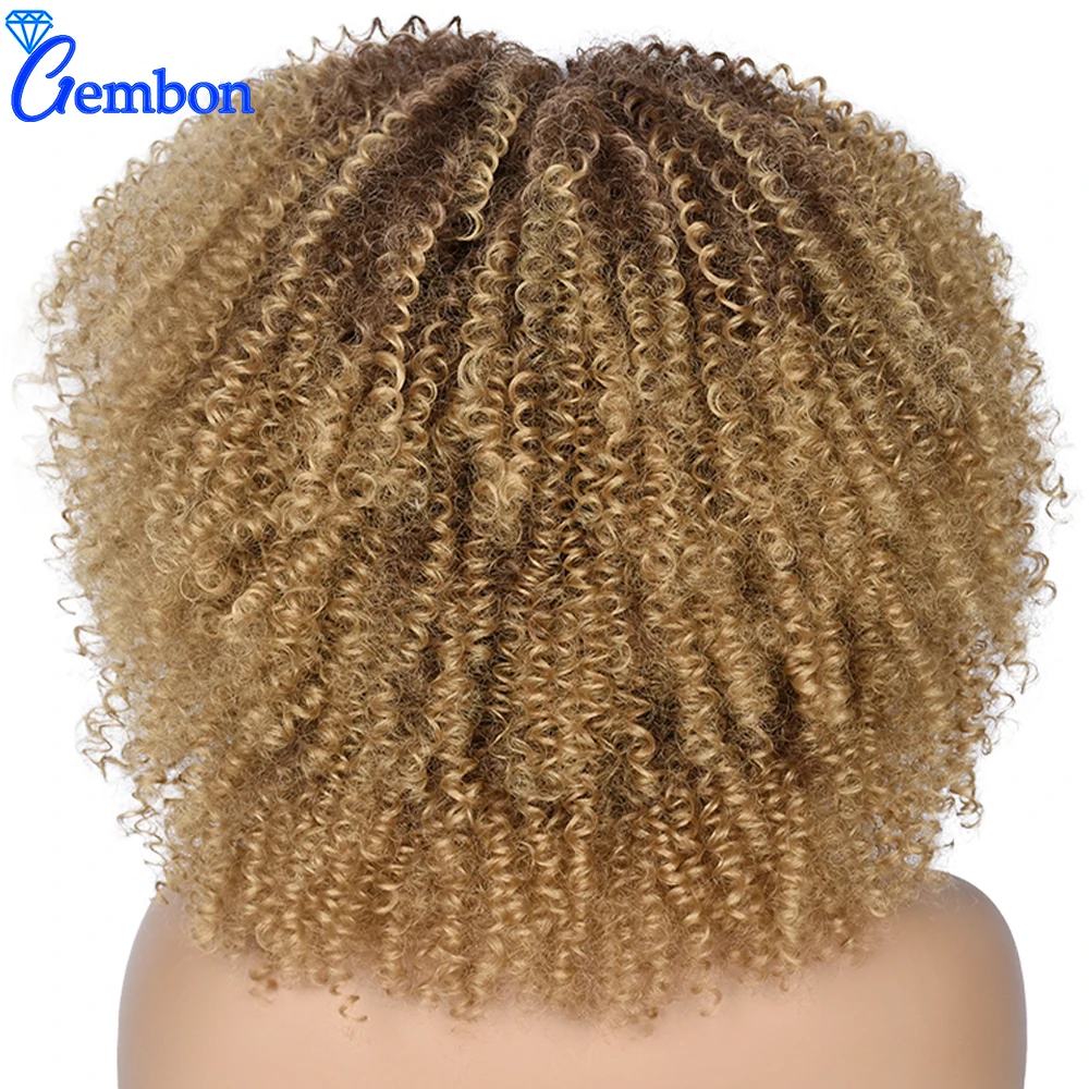Short Hair Afro Curly Wig With Bangs For Women 14”African Synthetic Ombre Blonde Wig Glueless Cosplay Wigs Heat Resistant GEMBON