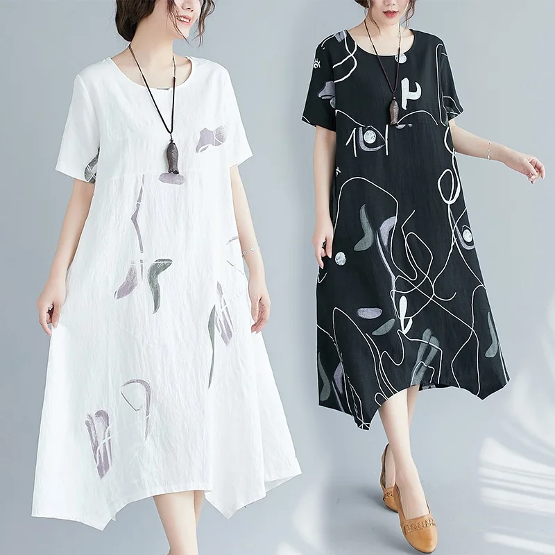 

short sleeve cotton linen vintage floral dresses for women causal loose long woman summer dress elegant clothes 2021