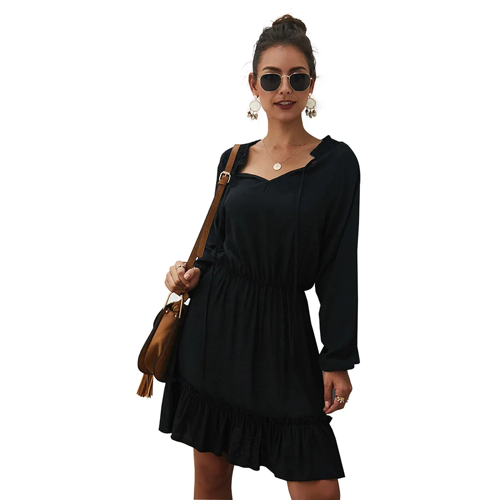 

Женское платье-миди с оборками, однотонное Повседневное платье с V-образным вырезом и длинным рукавом, осень 2021