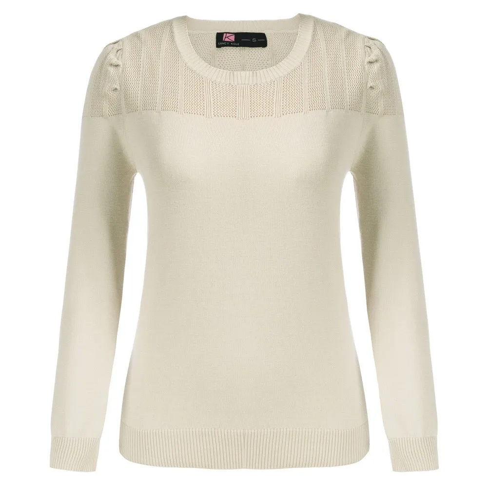 

KK Women Hollowed-Out Round Neck Long-sleeved Woolen Pullover Long-sleeved Round Neck Pullover Sweater Hollowed-out Patchwork