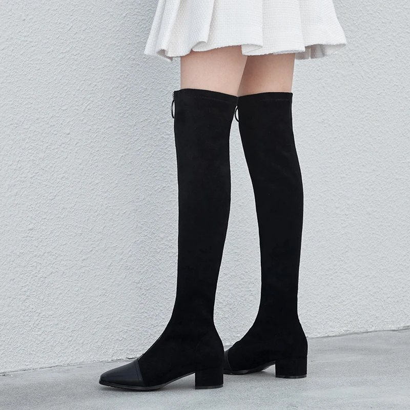 

Женские сапоги до колена, из натуральной кожи, вечерние эластичным лифом