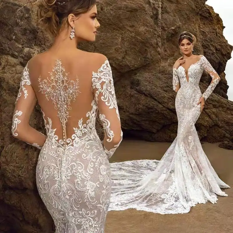 

sweet heart sexylace applique long sleeves mermaid evening dress with Sweep Train robe soiree white wedding Dress robe de mariée