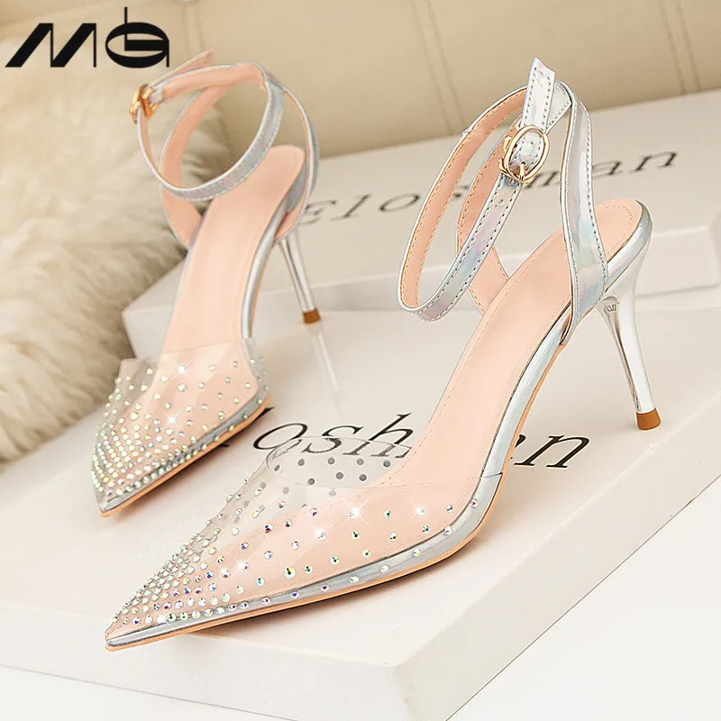 

Туфли-лодочки женские на высоком каблуке, пикантная модная Роскошная прозрачная обувь с ремешком на пятке, с блестящими кристаллами, лето ...