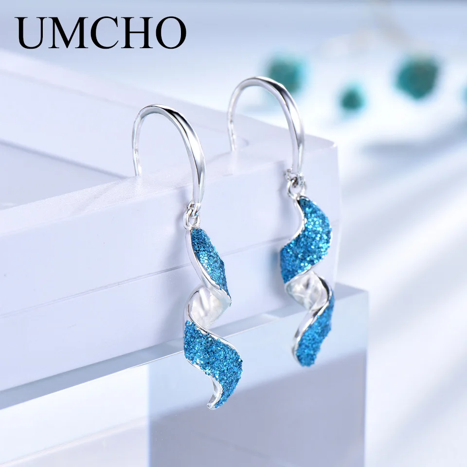 UMCHO Элегантные 925 Серебряные синие серьги-капли с блестками для женщин, подарок на день рождения, хорошее Ювелирное Украшение