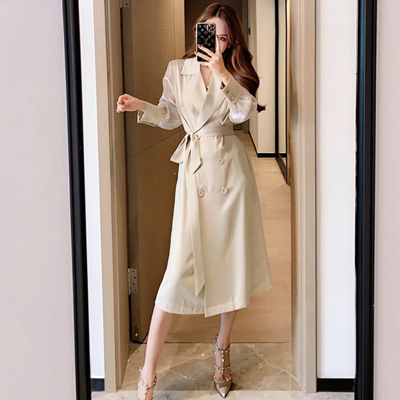 Женский тонкий Тренч с поясом Офисная ветровка длинным рукавом весна