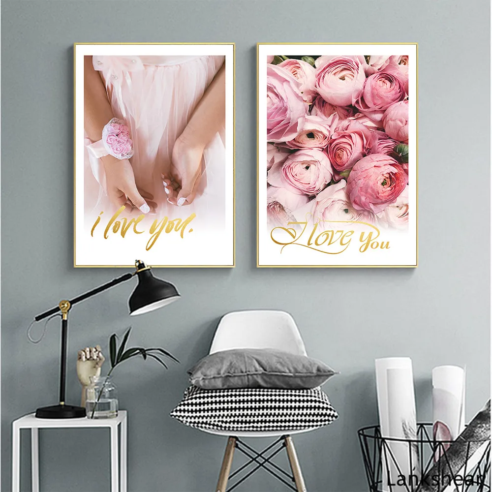 Романтические Розовые Розы Любовь Картины на Холсте Постеры в Северном Стиле для Украшения Спальни Гостиной в Домашнем Интерьере.