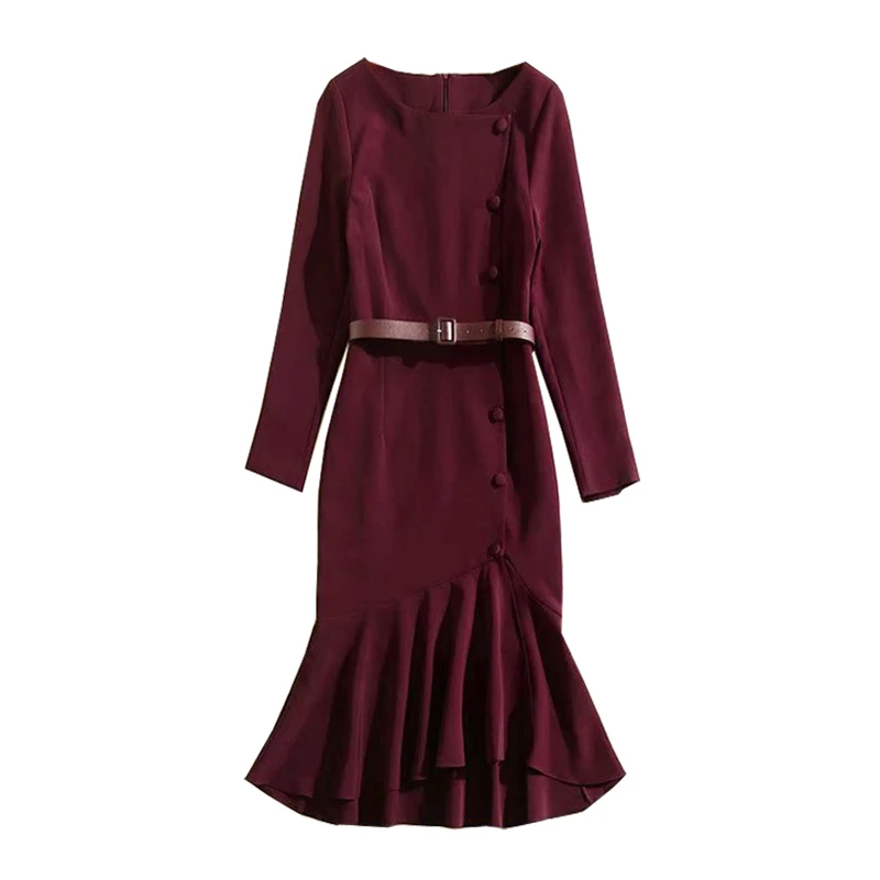 

PERHAPS U Black Wine Red O Neck Long Sleeve Solid Sash Autumn Midi Dress Elegant Mermaid Trumpet Ruffle D3002