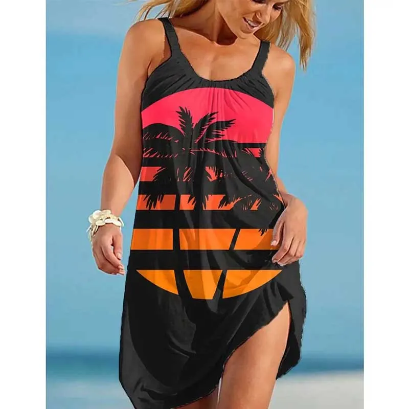 

Women's Summer Sling O-neck Printed Dress Loose Casual Mid-length Irregular Beach Holiday Dresses Fashion Vestidos Verano Mujer