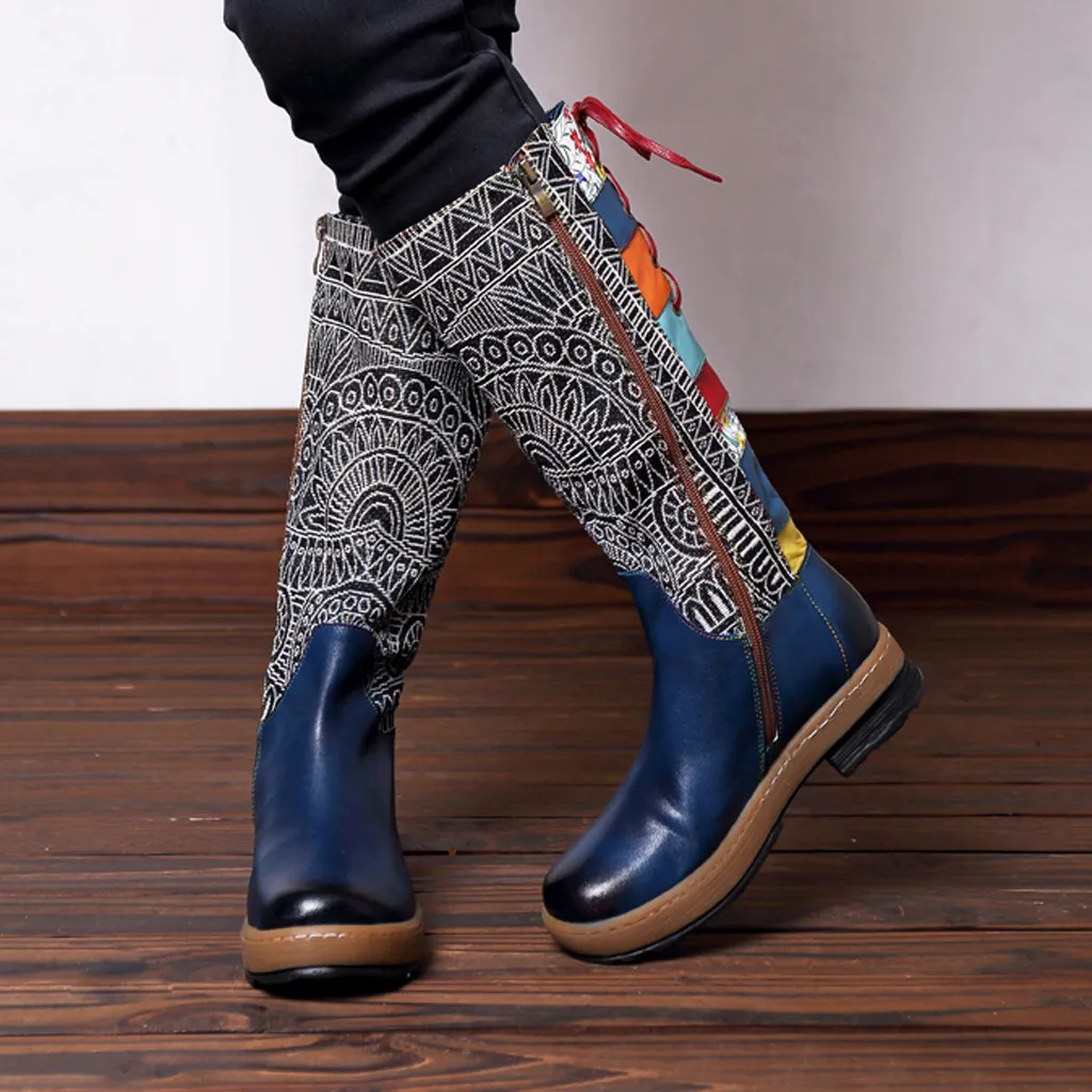 Женские высокие сапоги до колена в богемном стиле с вышивкой обувь на шнуровке