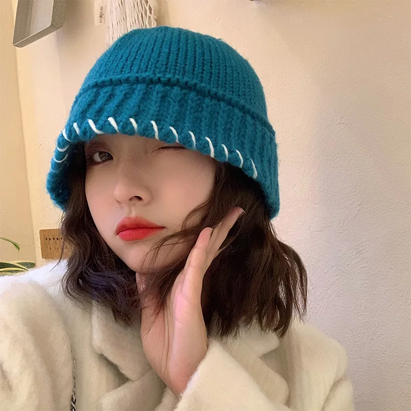 

New popular blue coarse wool fisherman hat in winter 2022 women's autumn winter Korean version versatile large head