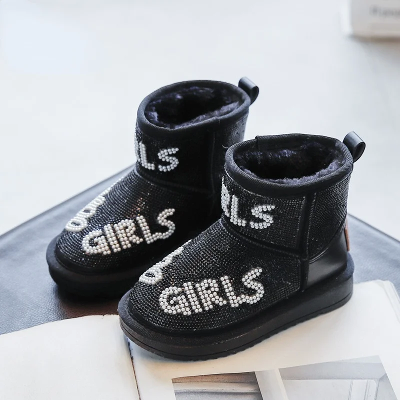 

Children Snow Boots Winter Warm Girl Solid with Rhinestones Kids Fashion Short Boots boys Bottom Non-slip Cotton Shoes 27-36