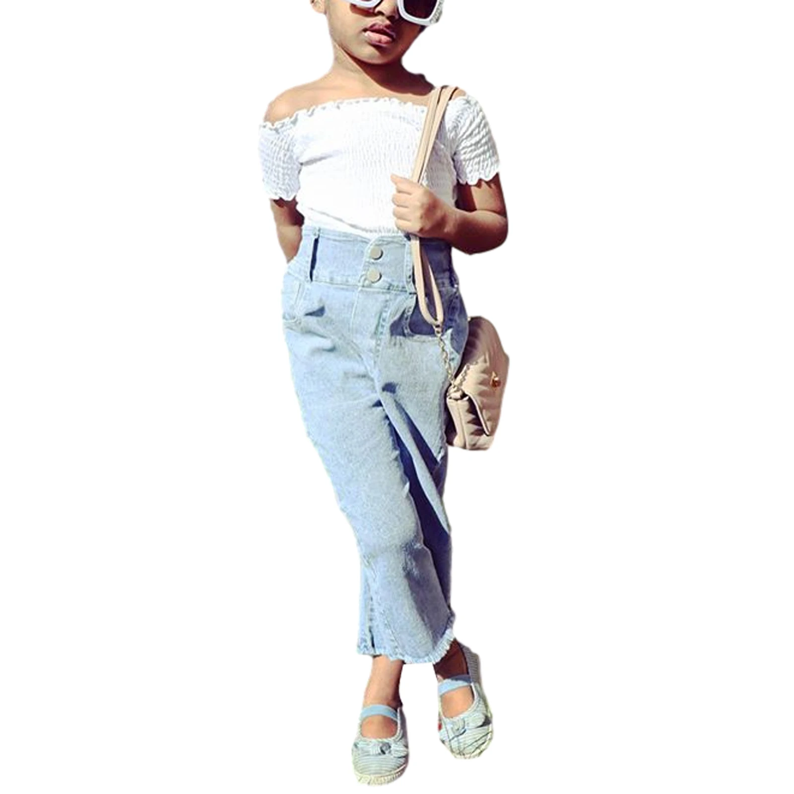 

Baby Tube Top + Long Jeans, High Waist Design Simple Style Button Decoration Summer Clothing