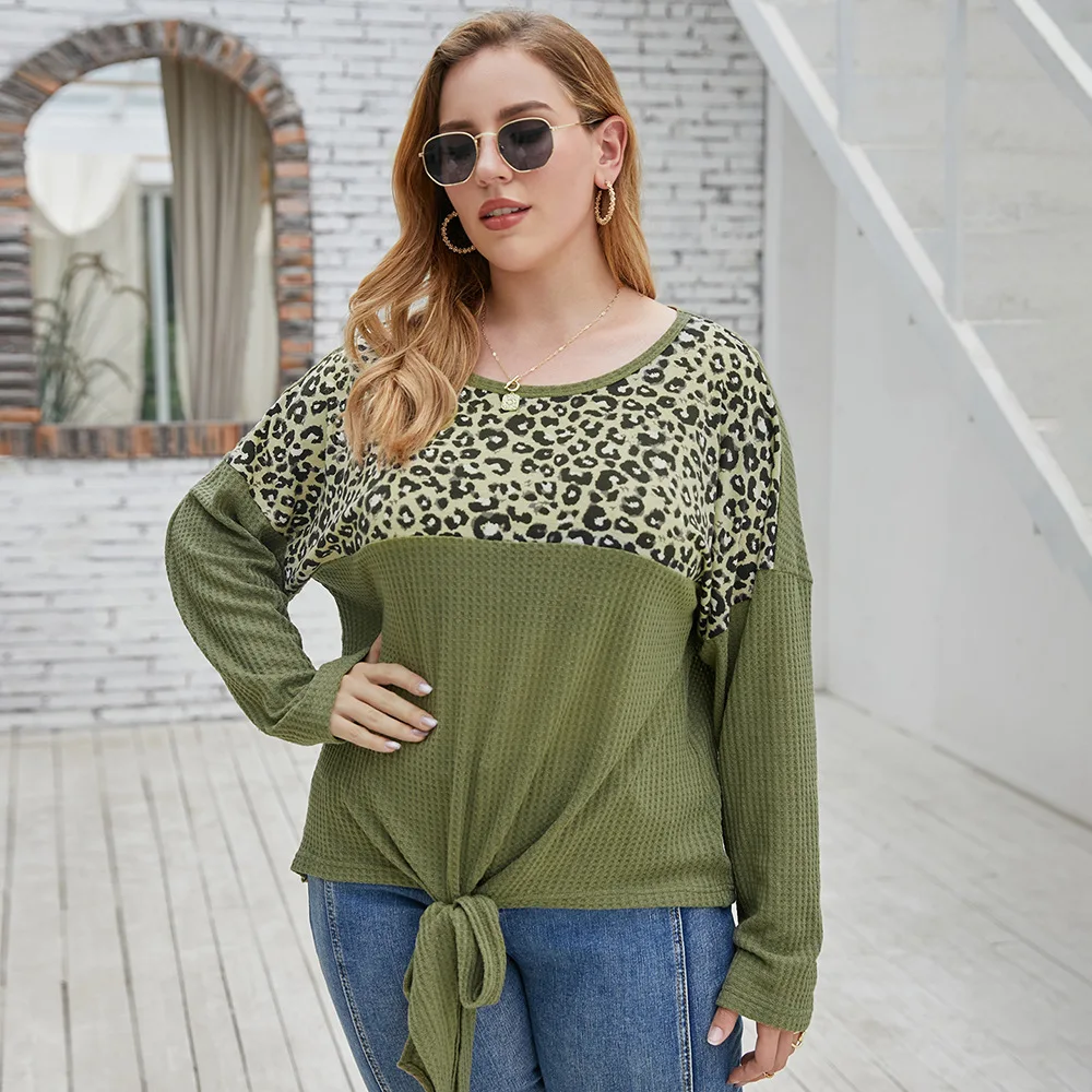 

2021 Autumn New Women's Plus Size Leopard Print Oversize Fashion Coummuter O Neck All Match Stitching Tops For Female