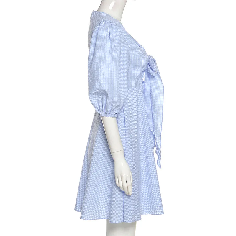 

Holiday Lady Summer Fasion Dress Women Blue Plaid Party Dress Elegant Streetwear A-line Bow Puff Short Sleeve Mini Sexy Sundress