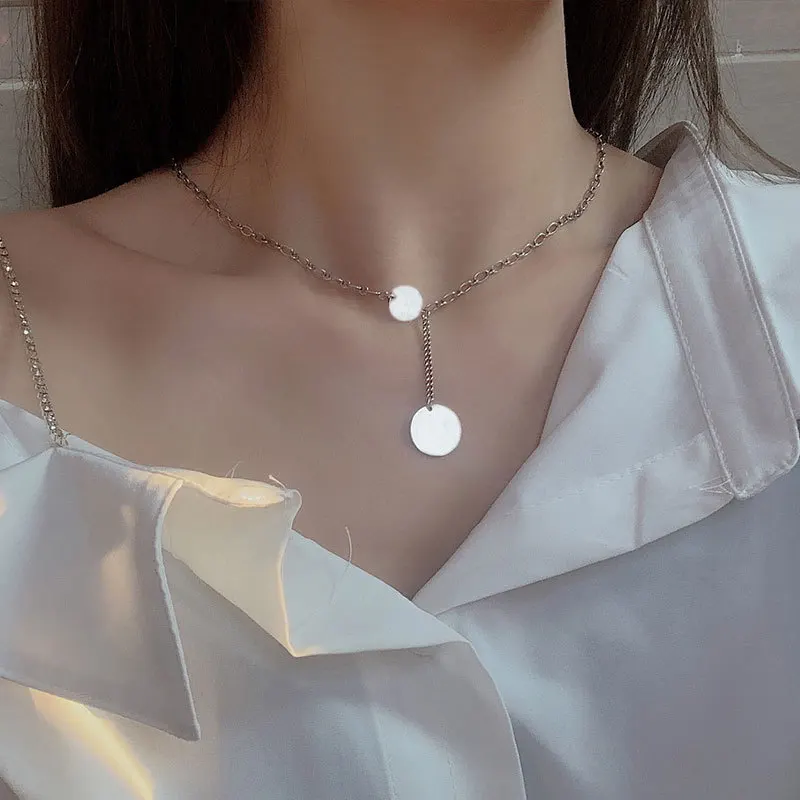 

Leouerry Real 925 Sterling Silver Necklaces for Women Minimalist Glossy Wafer Pendant Necklaces Female Wild Vintage Jewelry
