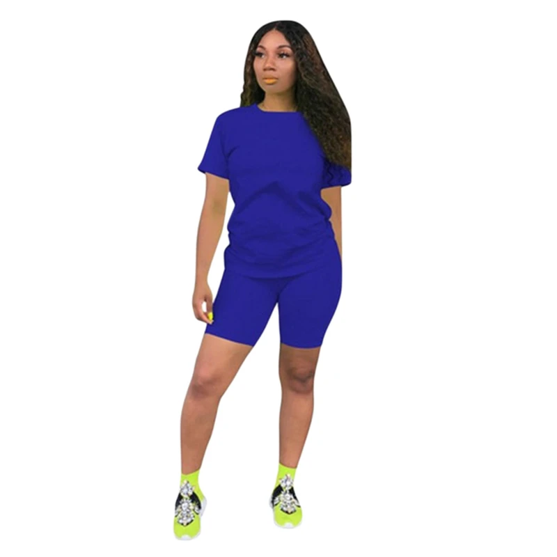 

Two-Piece Solid Color Women's Clothing Short-Sleeved Crew Neck T-Shirt And Tight-Fitting Shorts Casual Style Tracksuit Outfit