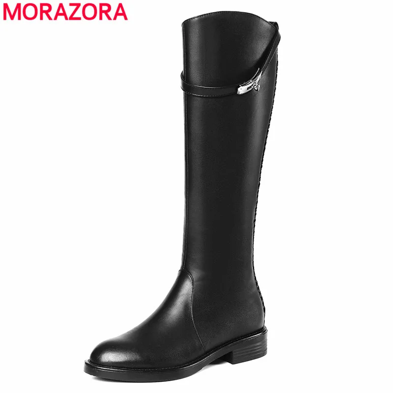 MORAZORA/ г., новые зимние сапоги модные женские сапоги до колена брендовые кожаные женские ботинки на молнии с пряжкой